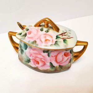 Antique CT Carl Tielsch Altwasser Silesia Sugar Bowl, Art Deco, Gold, Pink Roses